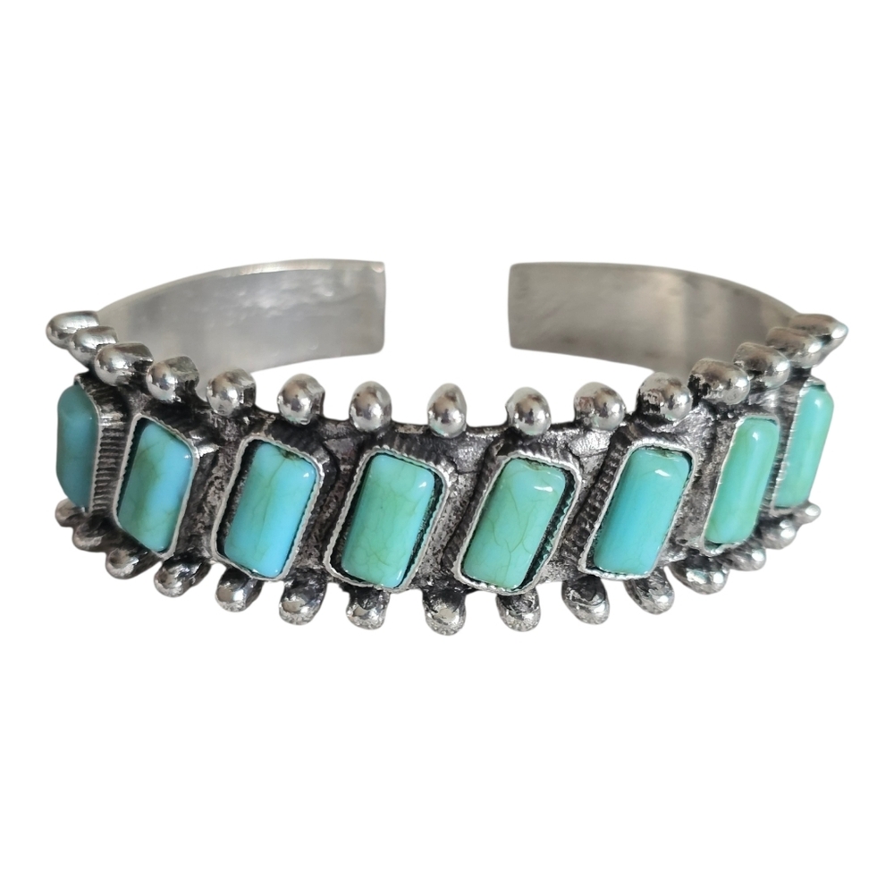 Vintage Southwestern Silver Cuff Bracelet Boho Chic Turquoise Stone Metal Beaded